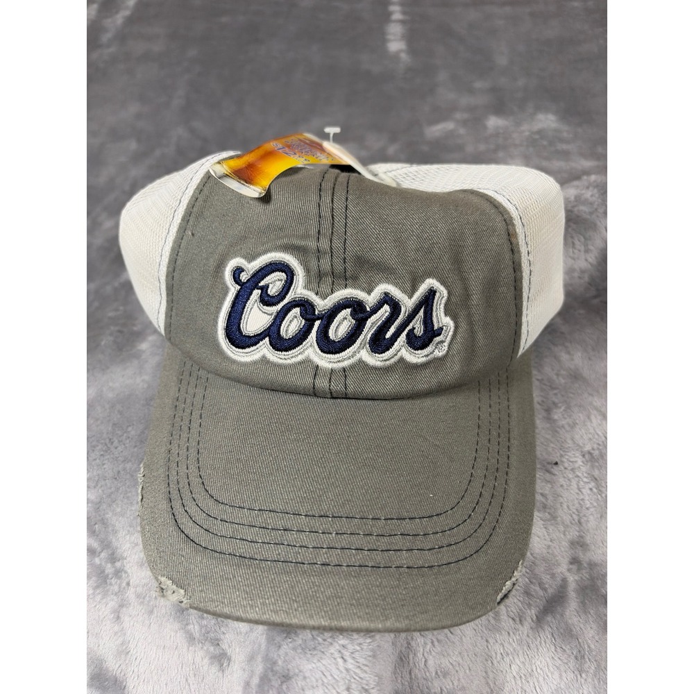 Coors Beer Trucker Hat Gray White Mesh Snapback Distressed Logo Cap NWT